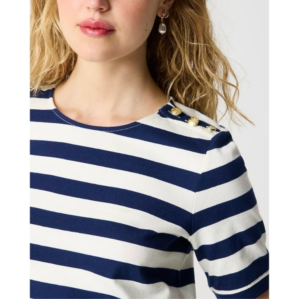 J Crew Factory Navy Short Sleeve Striped Button Shoulder Tee Size Small NWT - Picture 4 of 13